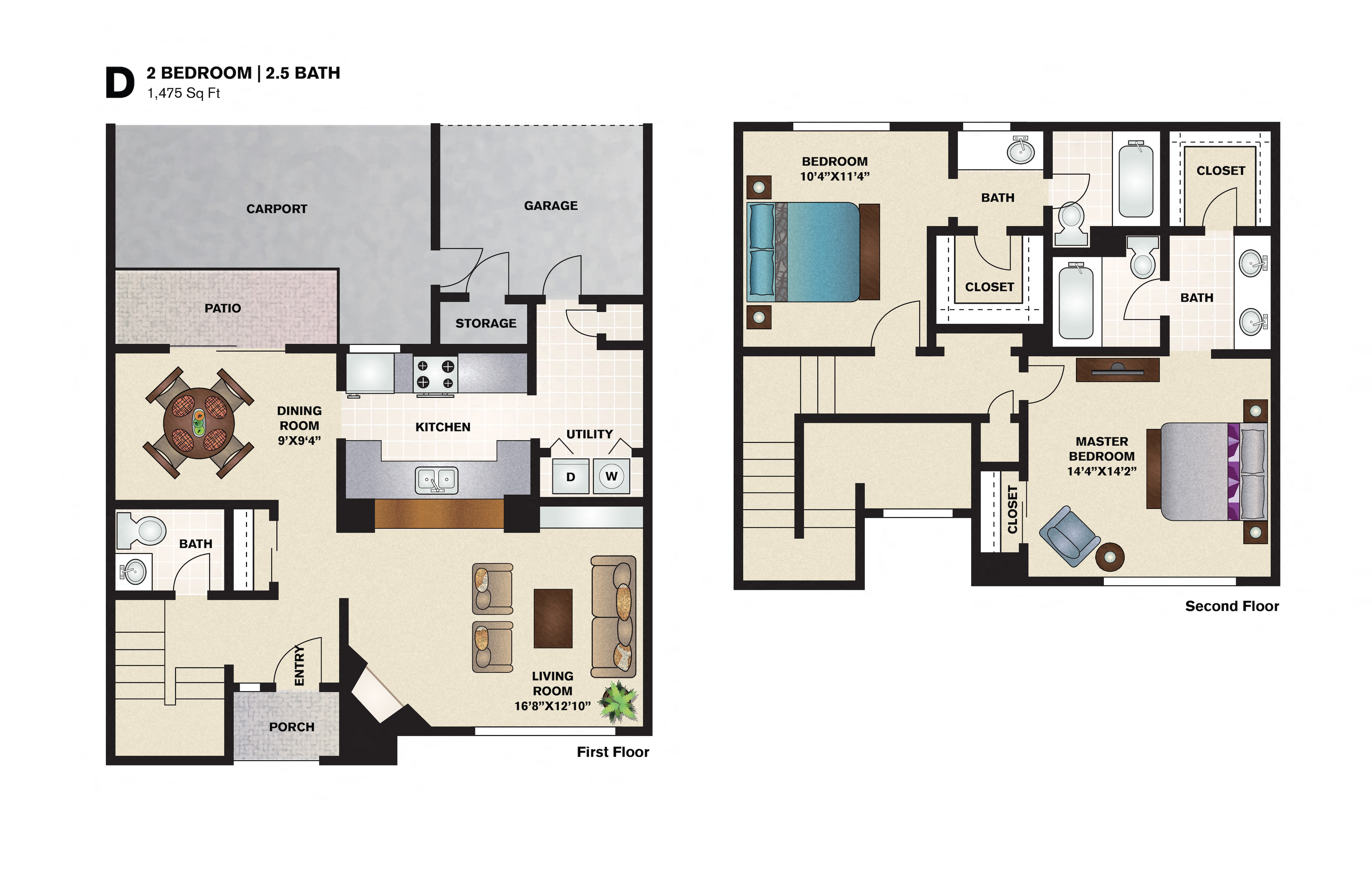 Floor plan for 2 beds, 2.5 baths, 1475 sqft